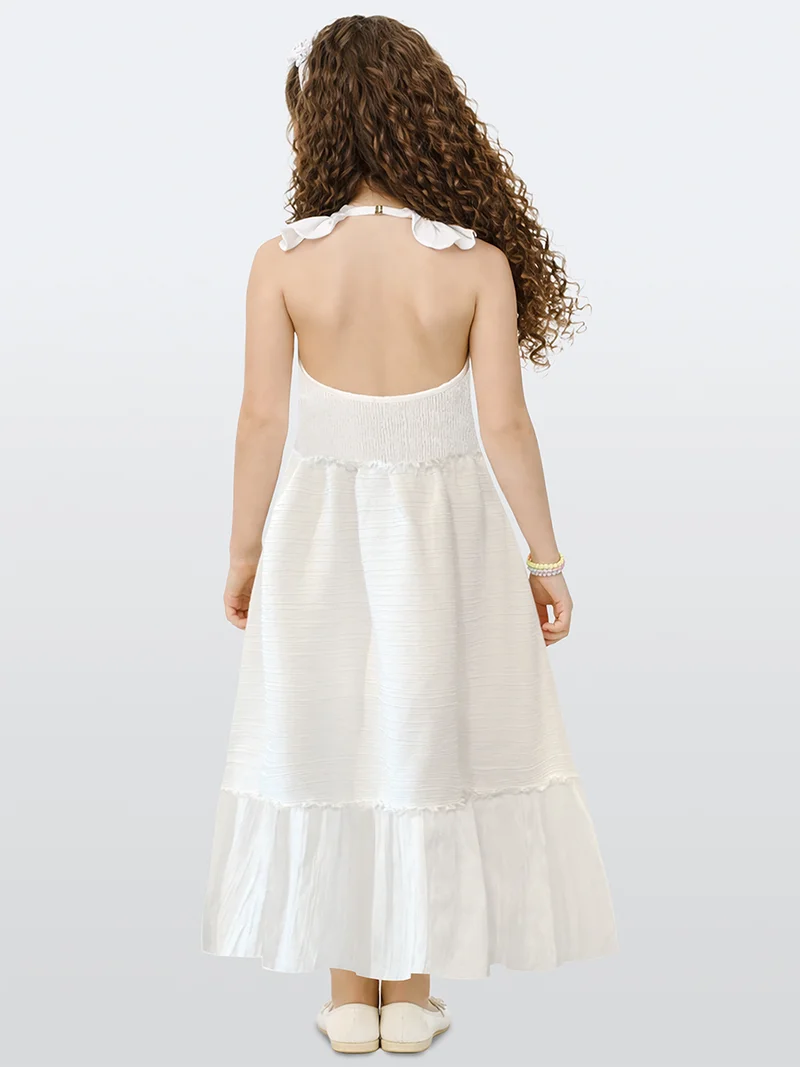 دينوكيدس Girls Long Dress White Ruffled Woven Fabric